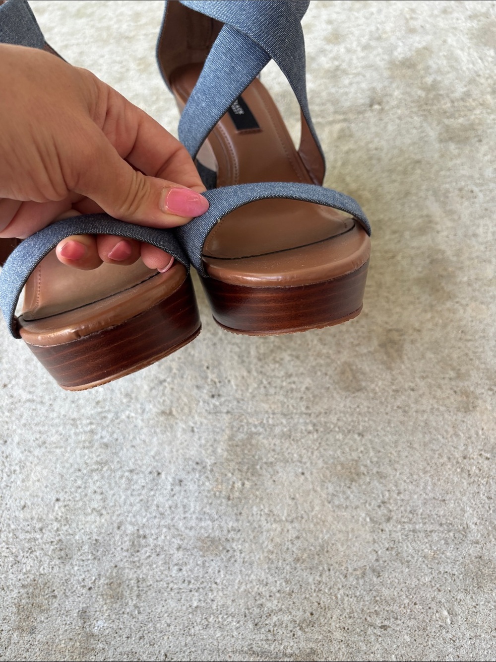 White House Black Market Chambray Crisscross Wedge Sandals - Blue and Brown - Picture 5 of 15